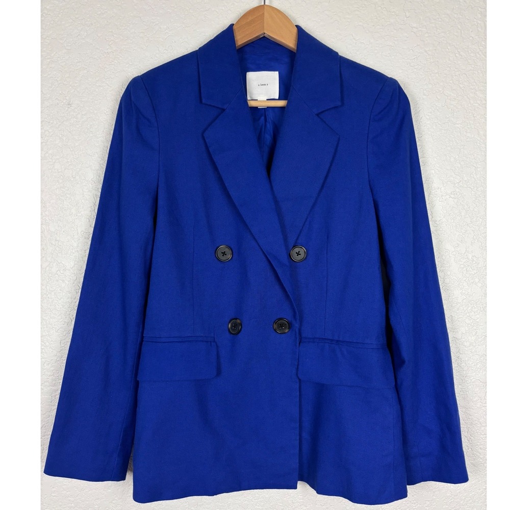 A Loves A Womens Linen Cotton Double Breasted Blazer Jacket SZ XS Cobalt Blue